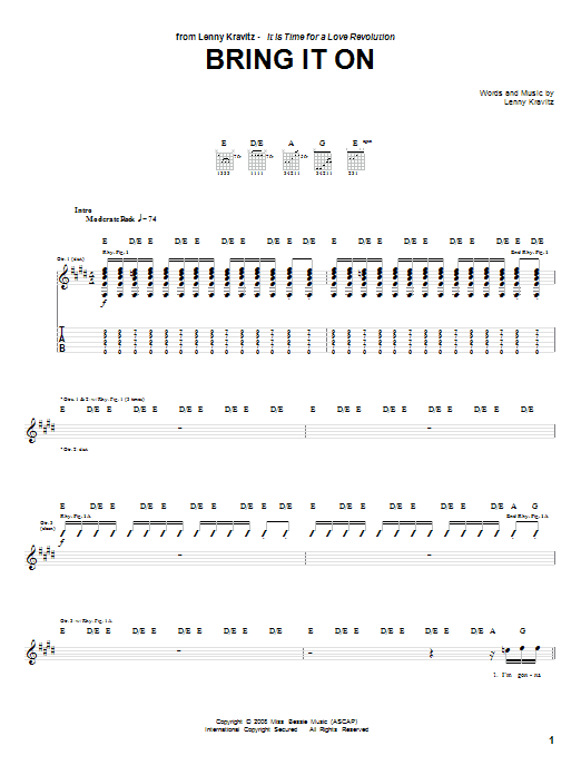 Lenny Kravitz Bring It On sheet music notes and chords arranged for Guitar Tab