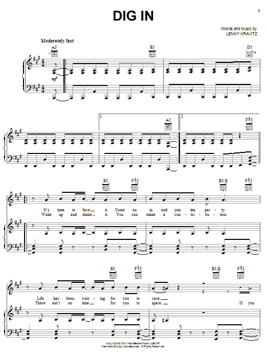 Lenny Kravitz Dig In sheet music notes and chords arranged for Piano, Vocal & Guitar Chords (Right-Hand Melody)
