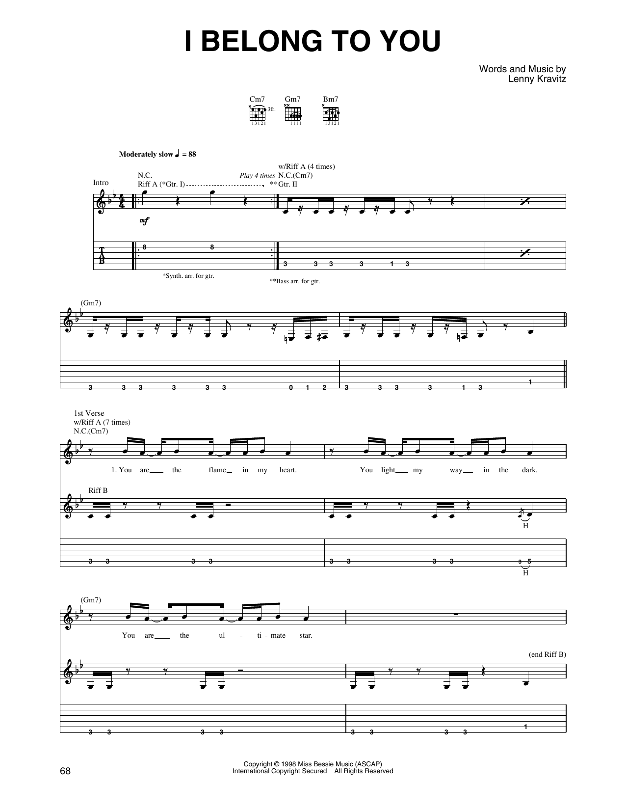 Lenny Kravitz I Belong To You sheet music notes and chords arranged for Guitar Tab