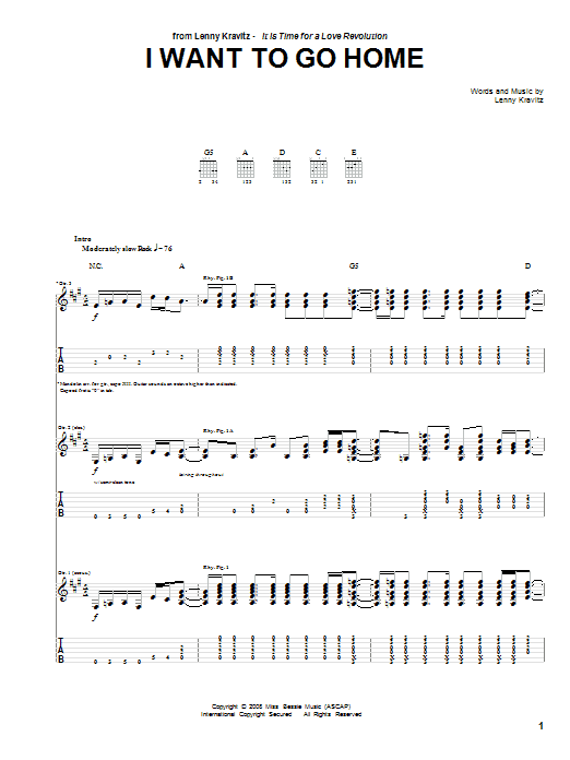 Lenny Kravitz I Want To Go Home sheet music notes and chords arranged for Guitar Tab