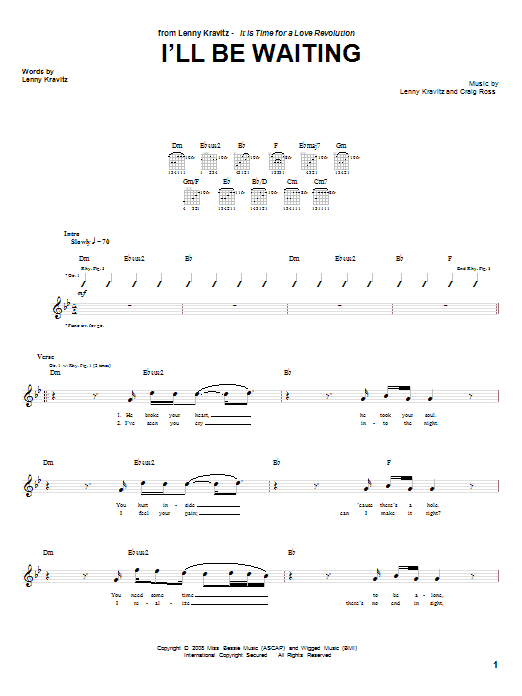 Lenny Kravitz I'll Be Waiting sheet music notes and chords arranged for Guitar Tab