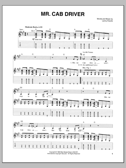 Lenny Kravitz Mr. Cab Driver sheet music notes and chords arranged for Guitar Tab