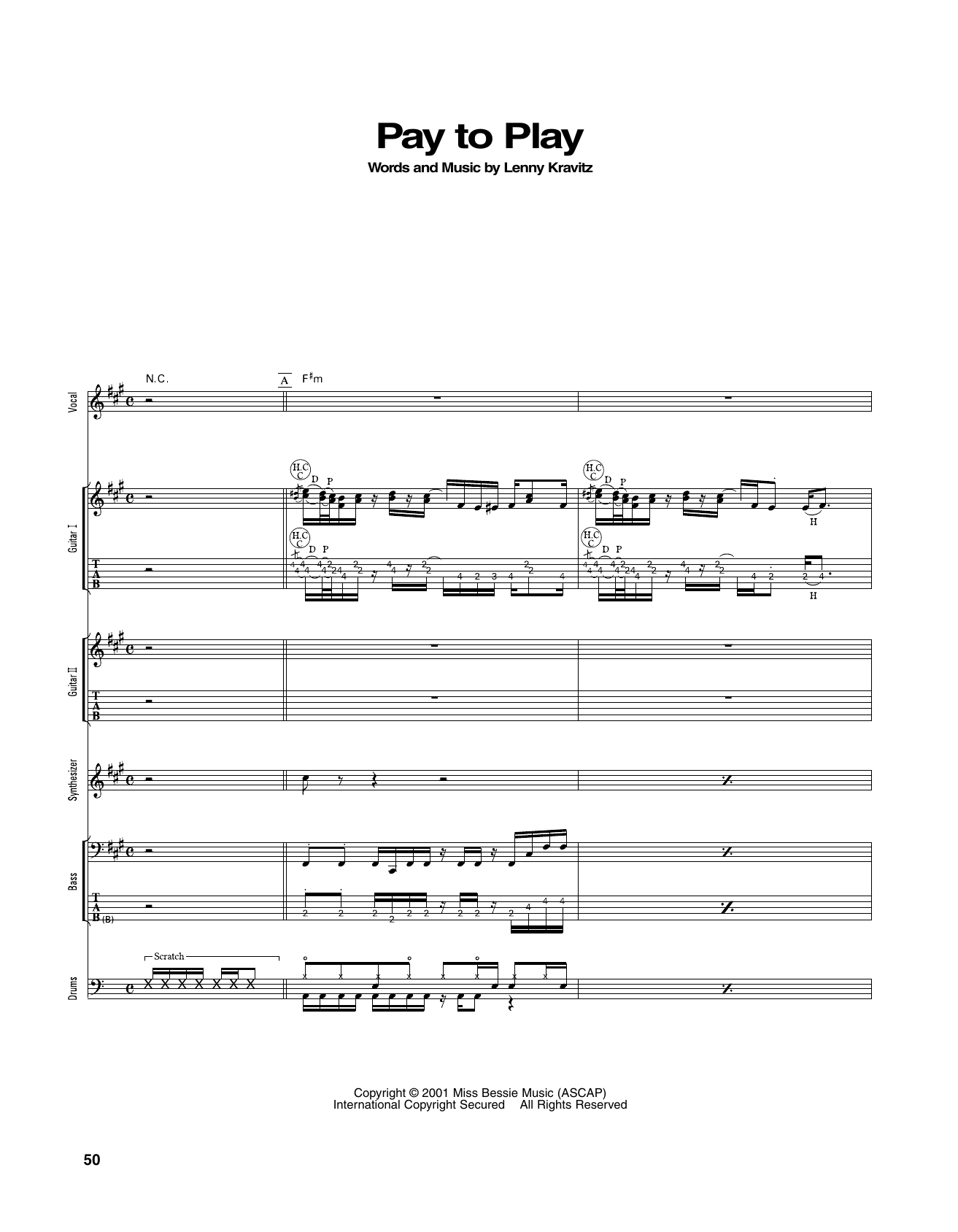 Lenny Kravitz Pay To Play sheet music notes and chords arranged for Transcribed Score