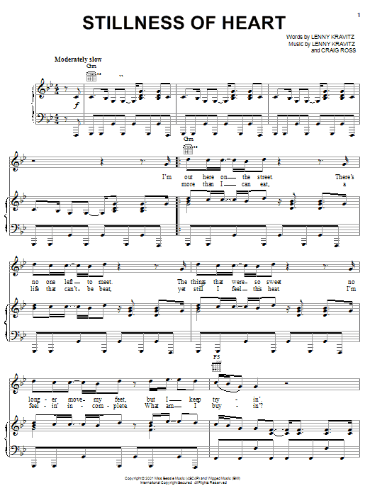 Lenny Kravitz Stillness Of Heart sheet music notes and chords arranged for Piano, Vocal & Guitar Chords (Right-Hand Melody)