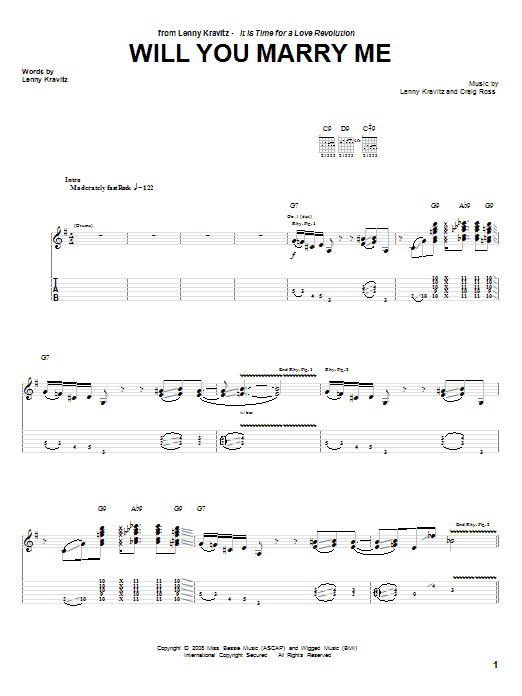Lenny Kravitz Will You Marry Me sheet music notes and chords arranged for Guitar Tab