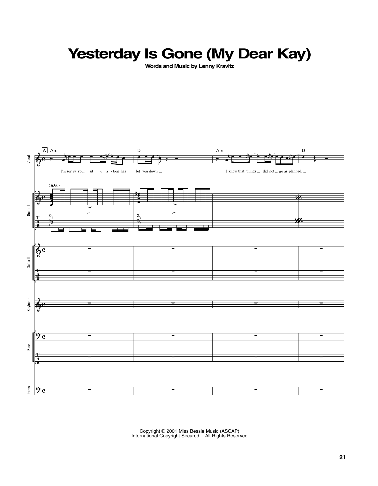 Lenny Kravitz Yesterday Is Gone (My Dear Kay) sheet music notes and chords arranged for Transcribed Score