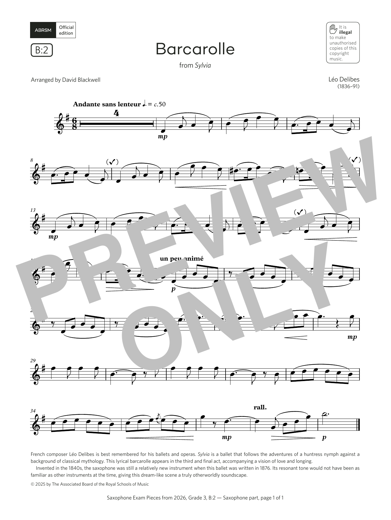 Léo Delibes Barcarolle (Grade 3, list B2, from the ABRSM Saxophone Syllabus from 2026) sheet music notes and chords arranged for Alto Sax Solo