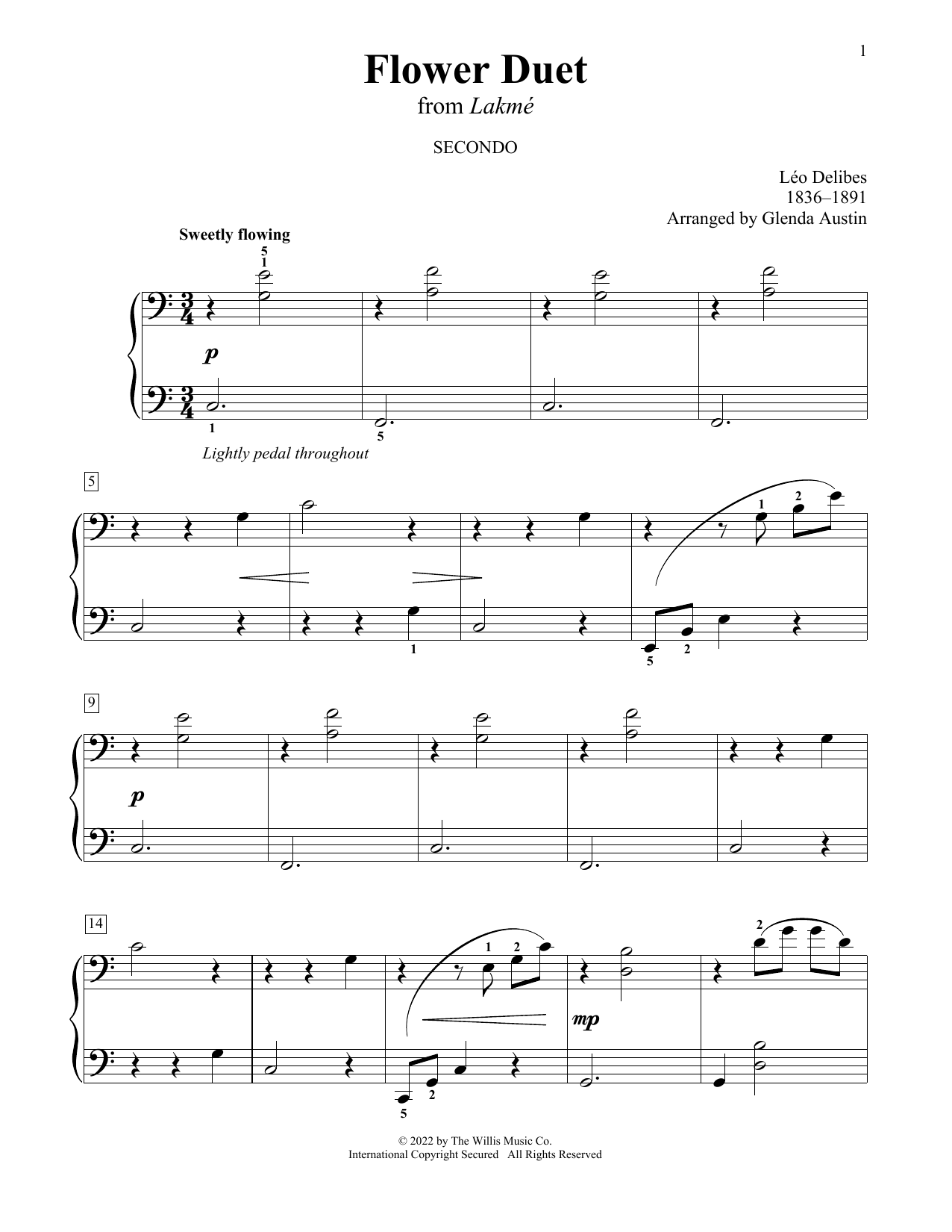 Leo Delibes Flower Duet (from Lakmé) (arr. Glenda Austin) sheet music notes and chords arranged for Piano Duet