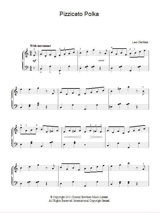 Leo Delibes Pizzicato Polka (from Sylvia) sheet music notes and chords arranged for Easy Piano