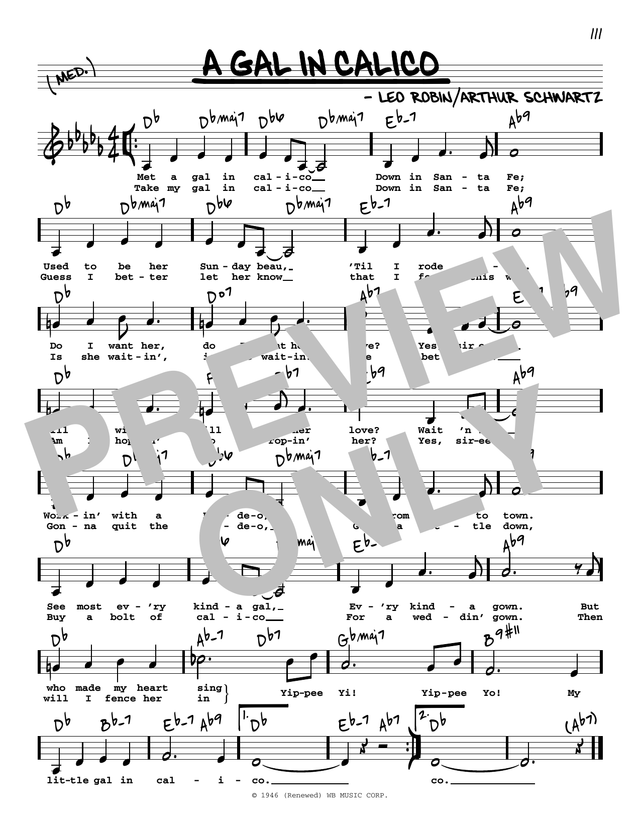 Leo Robin and Arthur Schwartz A Gal In Calico (Low Voice) sheet music notes and chords arranged for Real Book – Melody, Lyrics & Chords