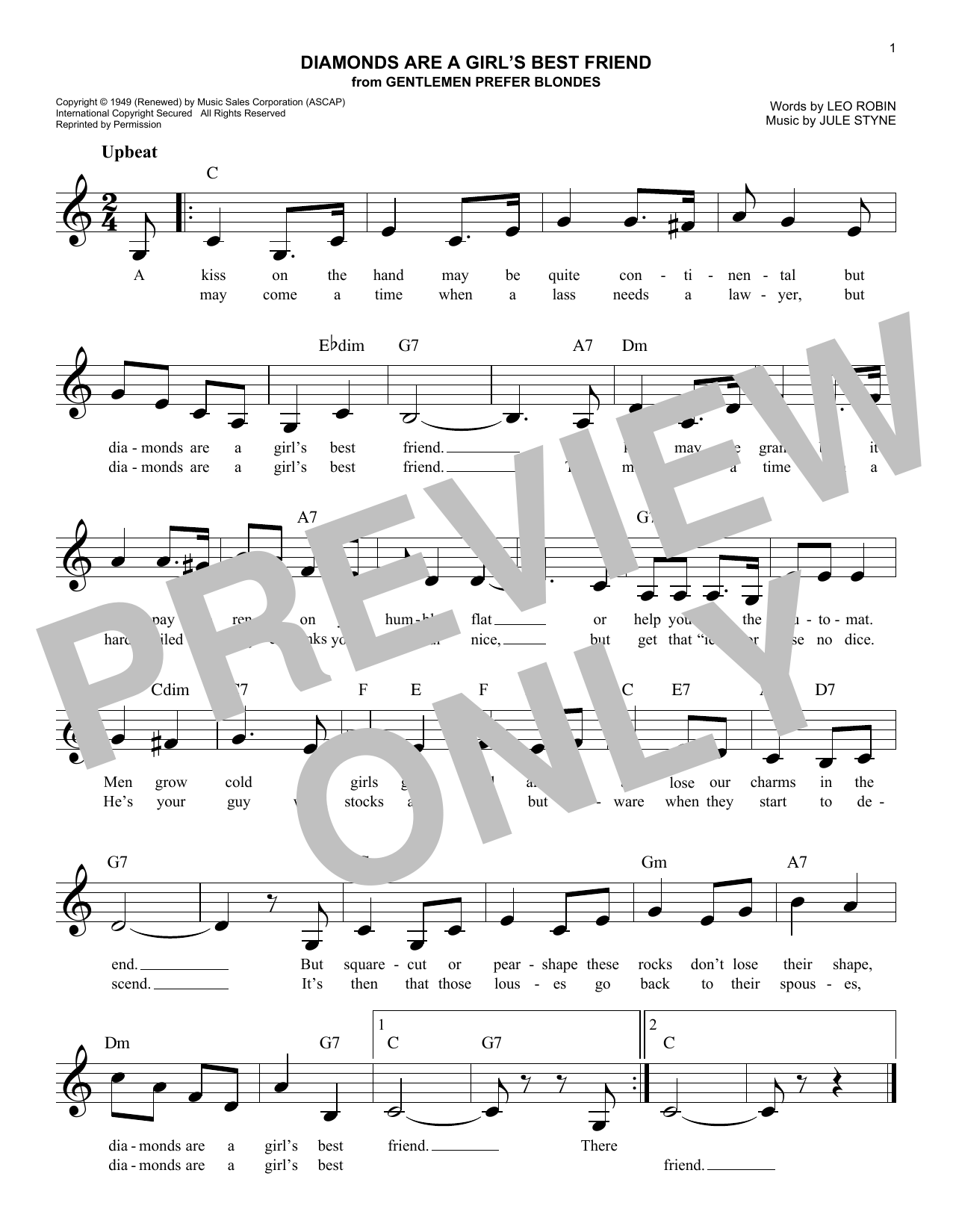 Leo Robin Diamonds Are A Girl's Best Friend sheet music notes and chords arranged for Lead Sheet / Fake Book