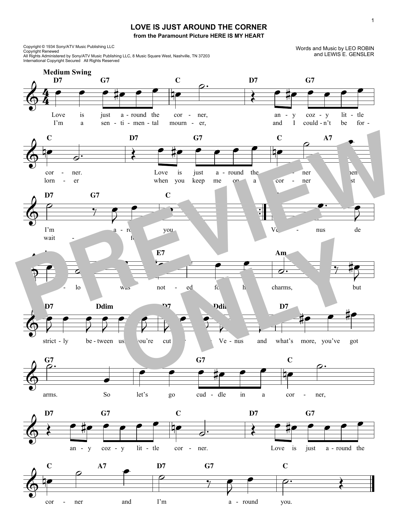 Leo Robin Love Is Just Around The Corner sheet music notes and chords arranged for Lead Sheet / Fake Book