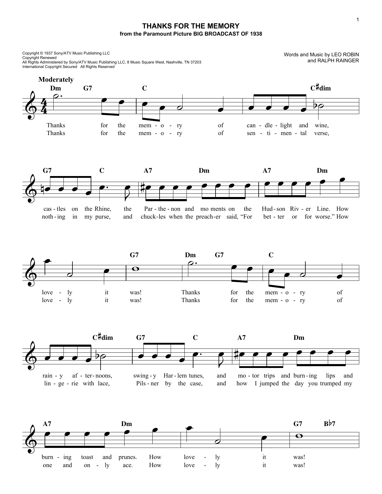 Leo Robin Thanks For The Memory sheet music notes and chords arranged for Ukulele
