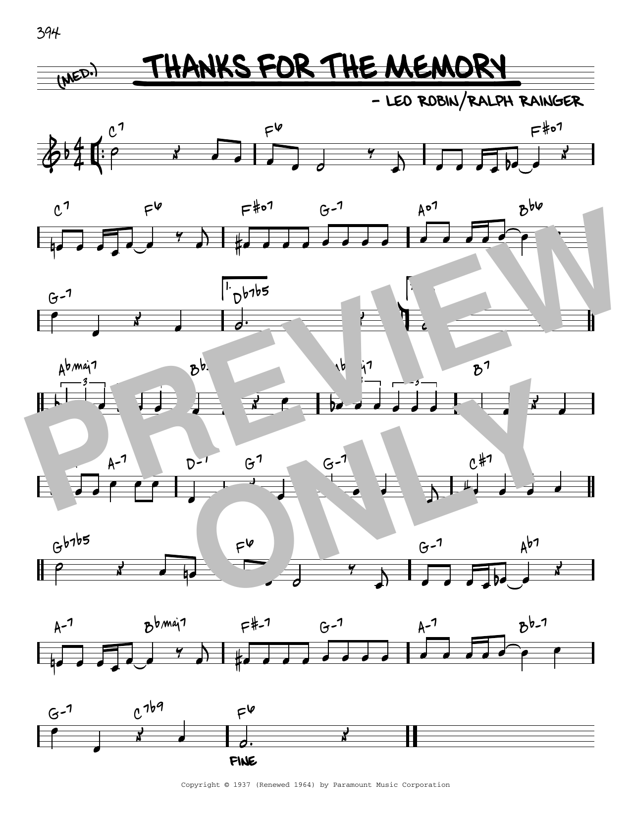 Leo Robin Thanks For The Memory [Reharmonized version] (arr. Jack Grassel) sheet music notes and chords arranged for Real Book – Melody & Chords