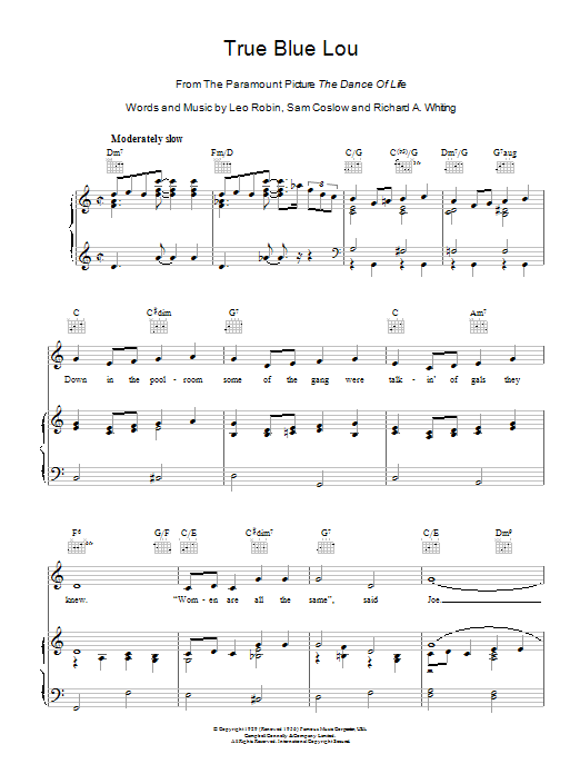 Leo Robin True Blue Lou sheet music notes and chords arranged for Piano, Vocal & Guitar Chords