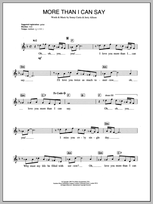 Leo Sayer More Than I Can Say sheet music notes and chords arranged for Piano Chords/Lyrics