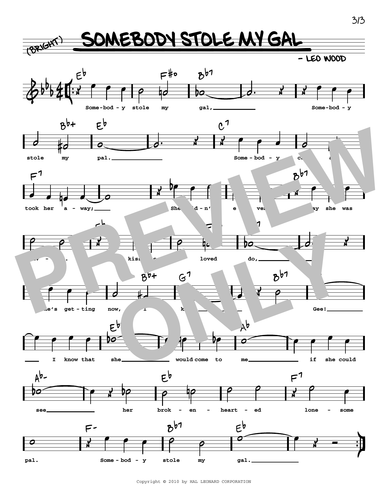Leo Wood Somebody Stole My Gal (arr. Robert Rawlins) sheet music notes and chords arranged for Real Book – Melody, Lyrics & Chords