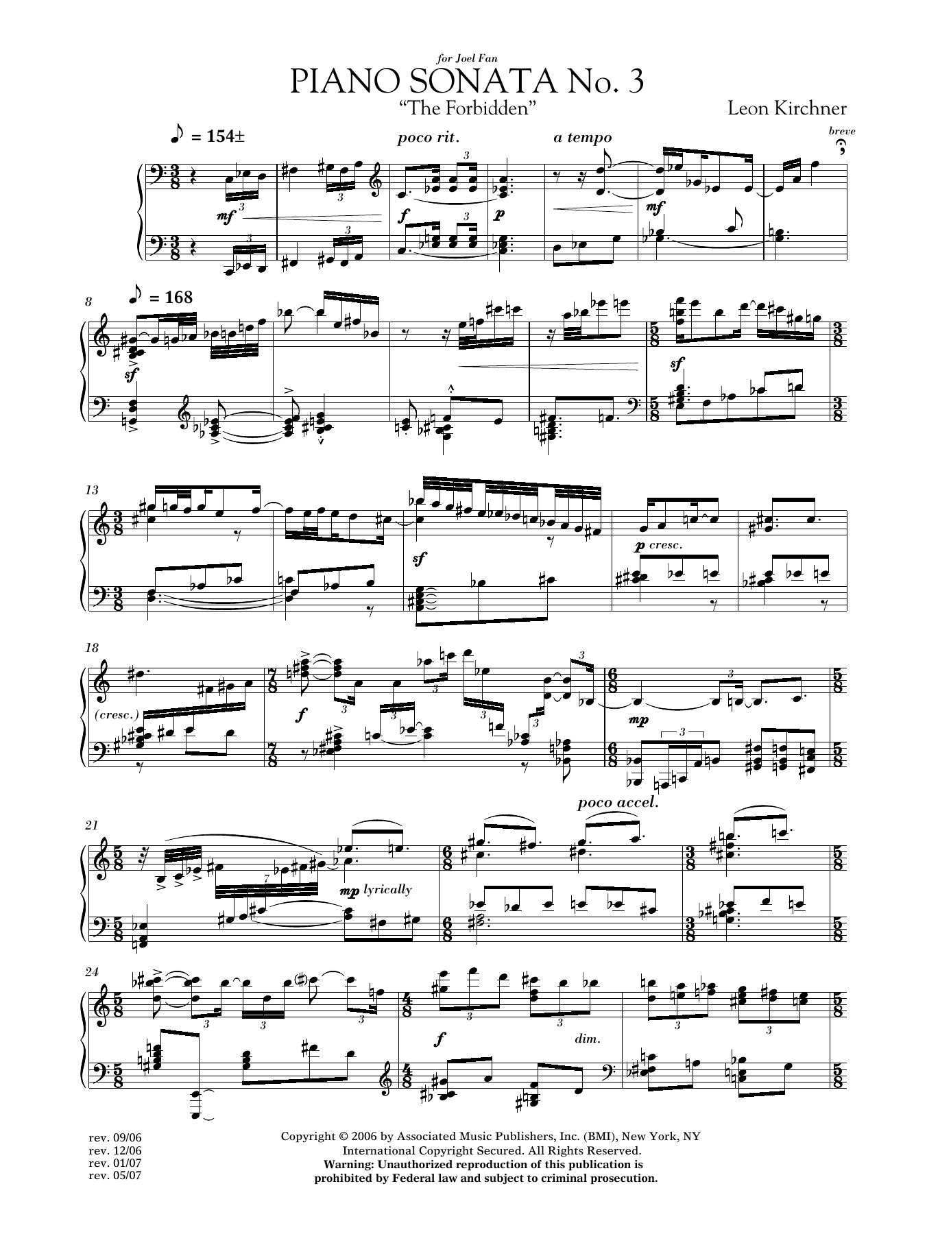 Leon Kirchner Piano Sonata No. 3 (The Forbidden) sheet music notes and chords arranged for Piano Solo