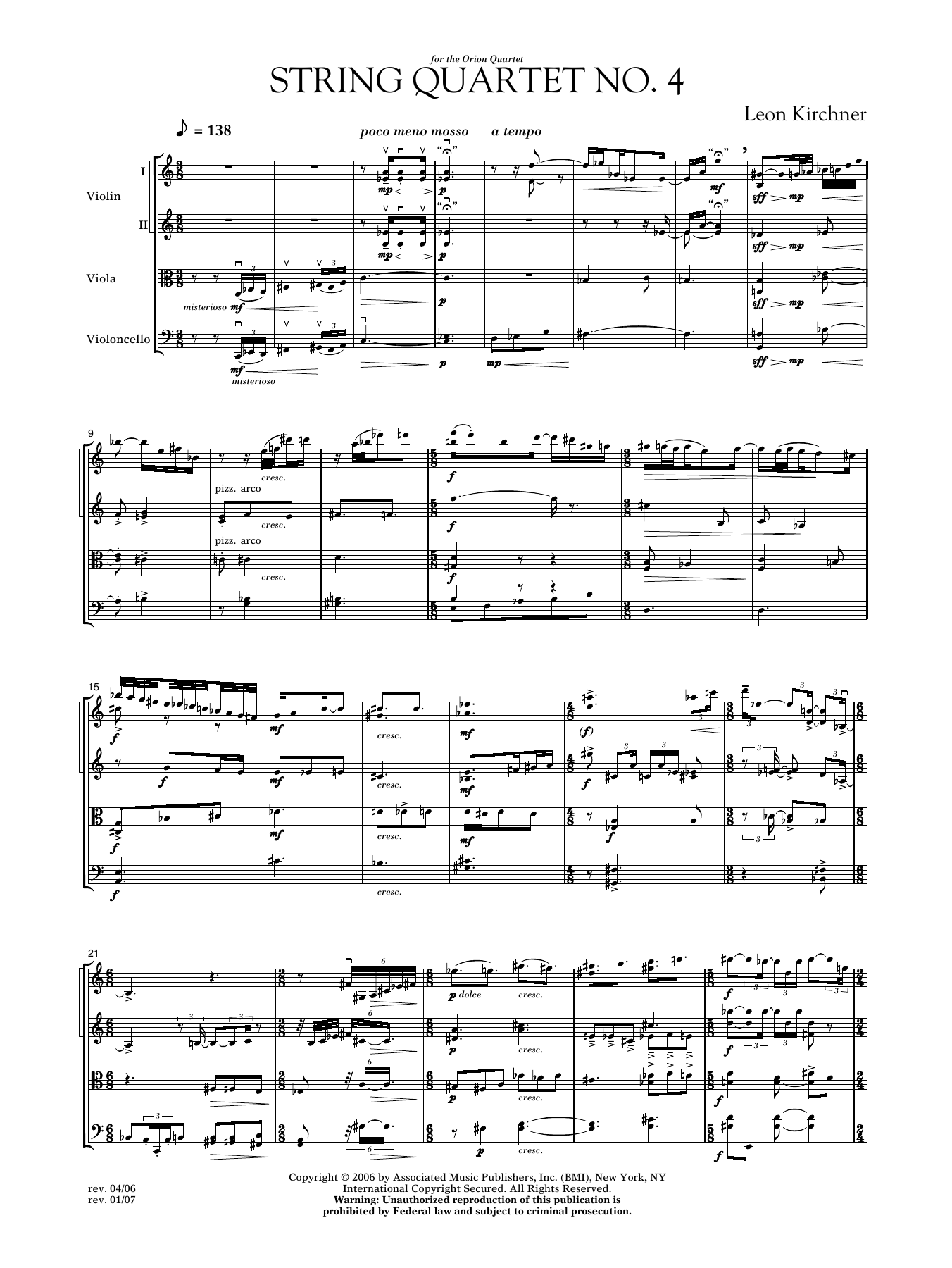 Leon Kirchner String Quartet No. 4 sheet music notes and chords arranged for Performance Ensemble