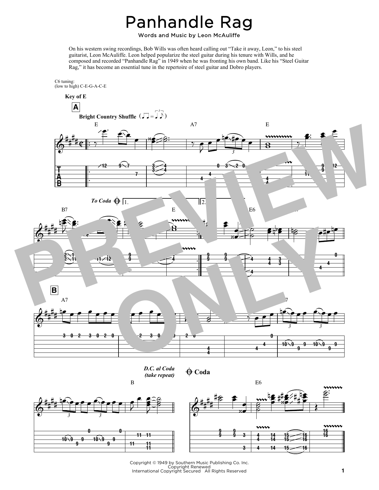 Leon McAuliffe Panhandle Rag sheet music notes and chords arranged for Dobro