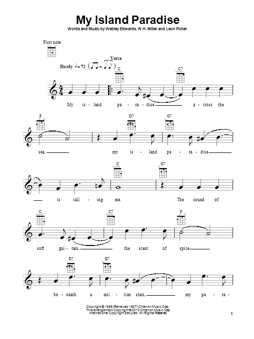 Leon Pober My Island Paradise sheet music notes and chords arranged for Piano, Vocal & Guitar Chords (Right-Hand Melody)