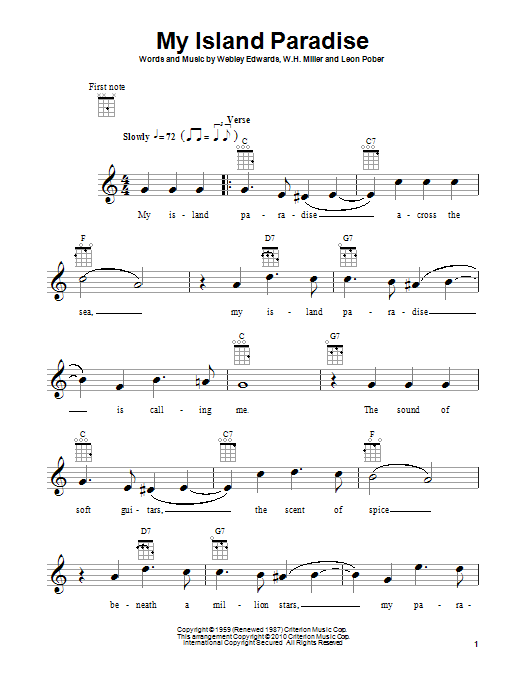 Leon Pober My Island Paradise sheet music notes and chords arranged for Ukulele