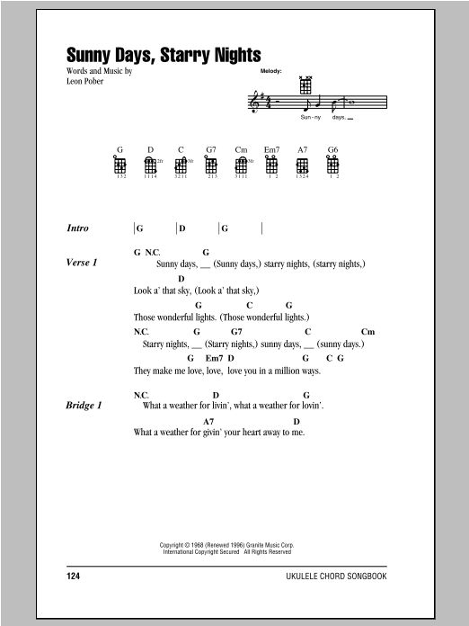 Leon Pober Sunny Days, Starry Nights sheet music notes and chords arranged for Ukulele Chords/Lyrics