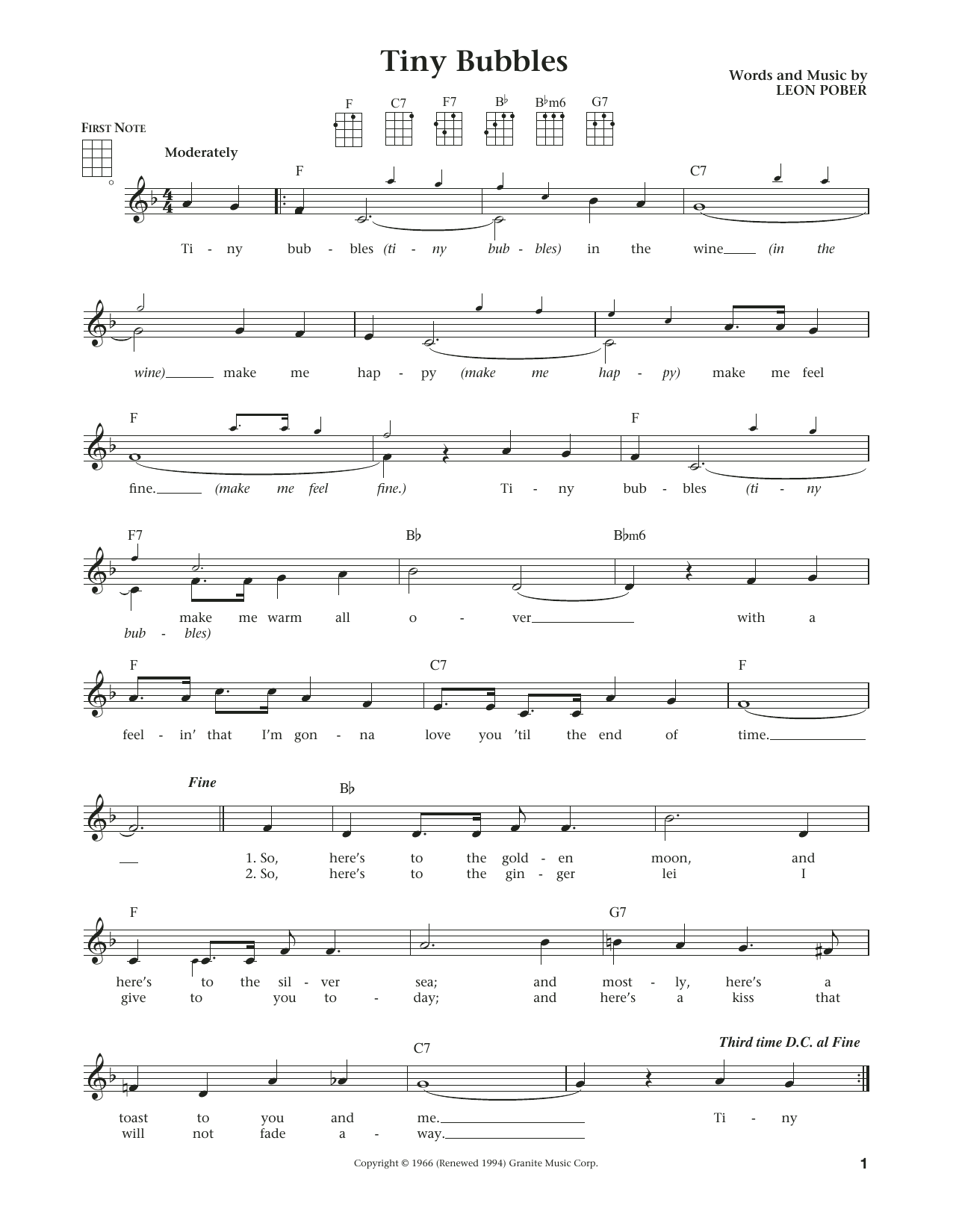 Leon Pober Tiny Bubbles (from The Daily Ukulele) (arr. Liz and Jim Beloff) sheet music notes and chords arranged for Ukulele