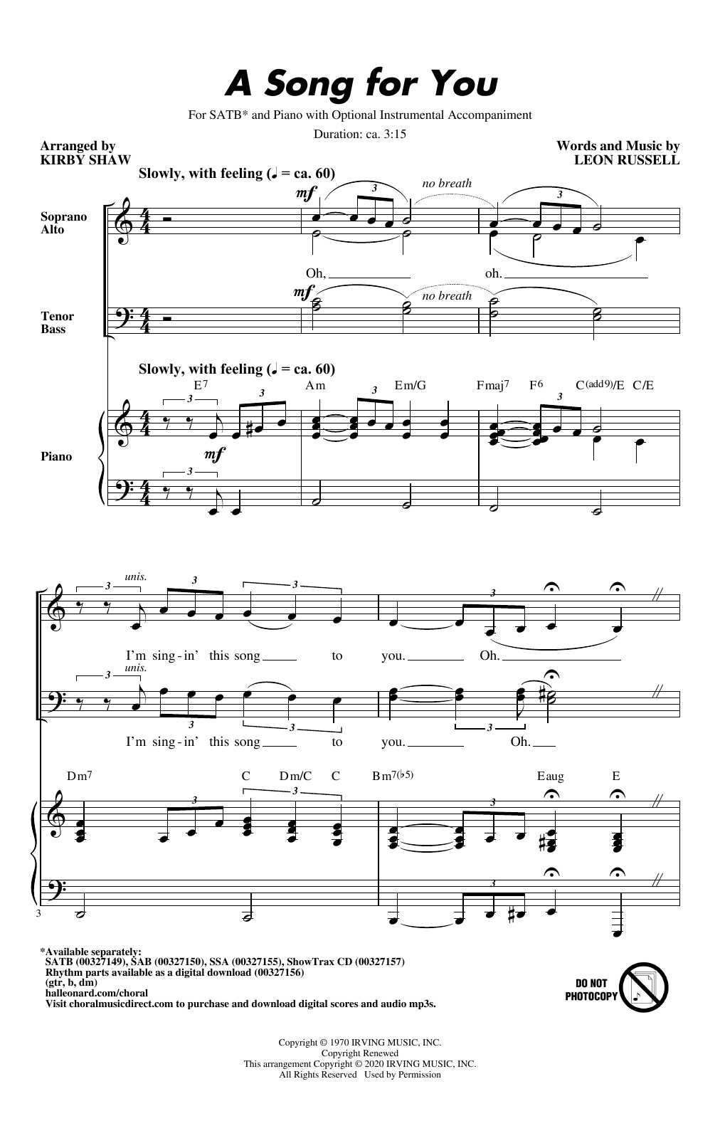 Leon Russell A Song For You (arr. Kirby Shaw) sheet music notes and chords arranged for SAB Choir