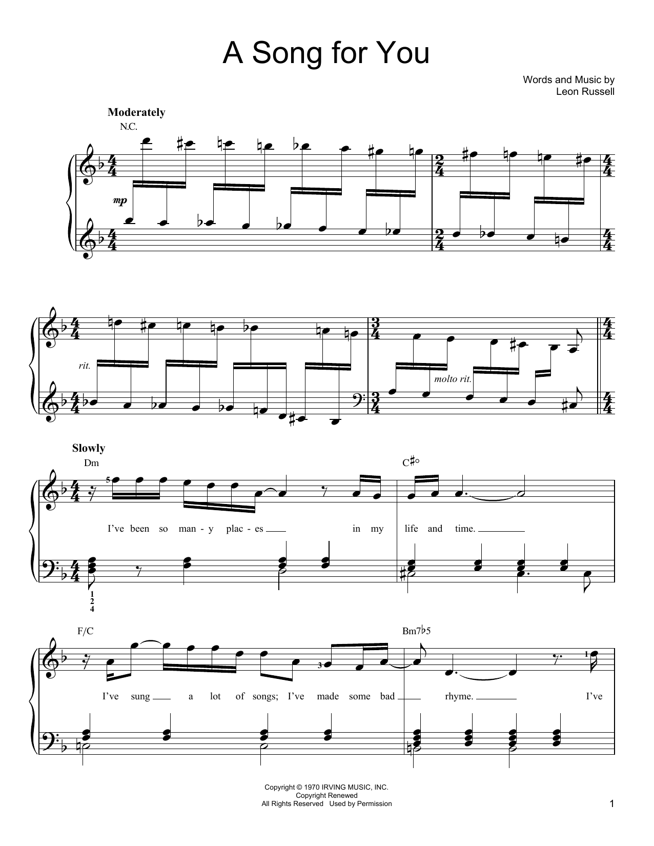 Leon Russell A Song For You sheet music notes and chords arranged for Easy Piano