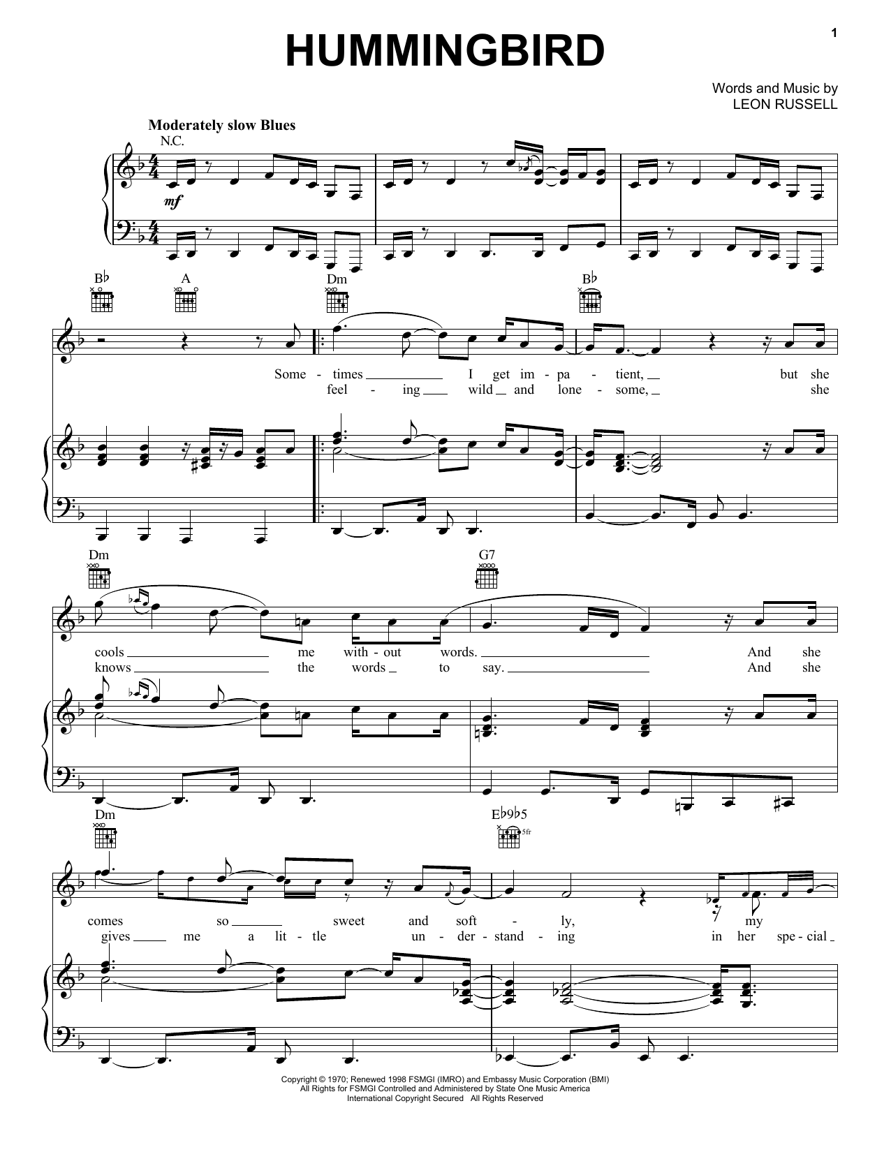 Leon Russell Hummingbird sheet music notes and chords arranged for Piano, Vocal & Guitar Chords (Right-Hand Melody)