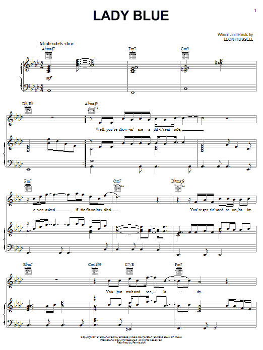 Leon Russell Lady Blue sheet music notes and chords arranged for Piano, Vocal & Guitar Chords (Right-Hand Melody)