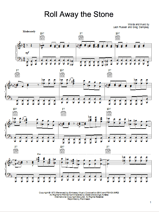 Leon Russell Roll Away The Stone sheet music notes and chords arranged for Piano, Vocal & Guitar Chords (Right-Hand Melody)