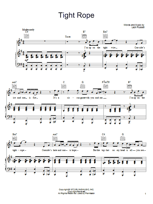 Leon Russell Tight Rope sheet music notes and chords arranged for Piano, Vocal & Guitar Chords (Right-Hand Melody)
