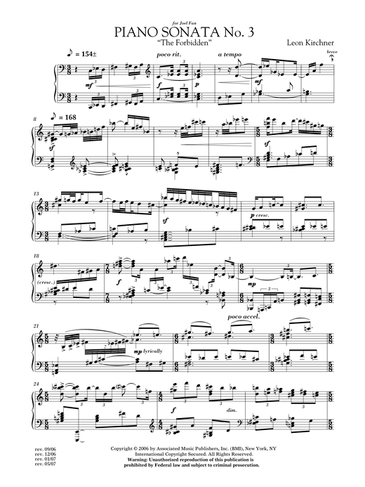 Leon Kirchner Piano Sonata No. 3 (The Forbidden) sheet music notes and chords arranged for Piano Solo