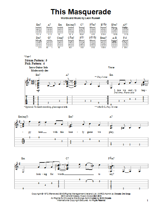 Leon Russell This Masquerade sheet music notes and chords arranged for Easy Guitar Tab