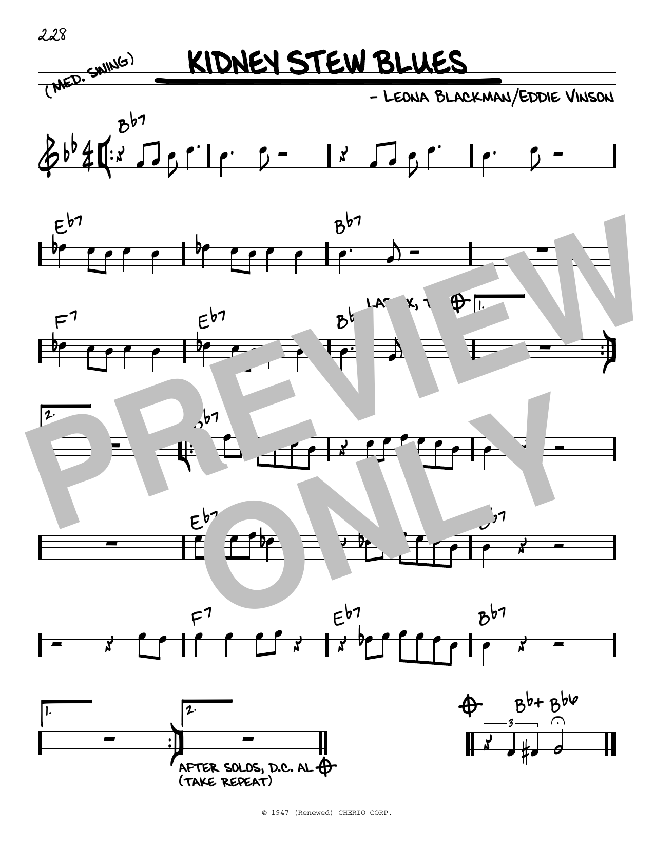 Leona Blackman Kidney Stew Blues sheet music notes and chords arranged for Real Book – Melody & Chords