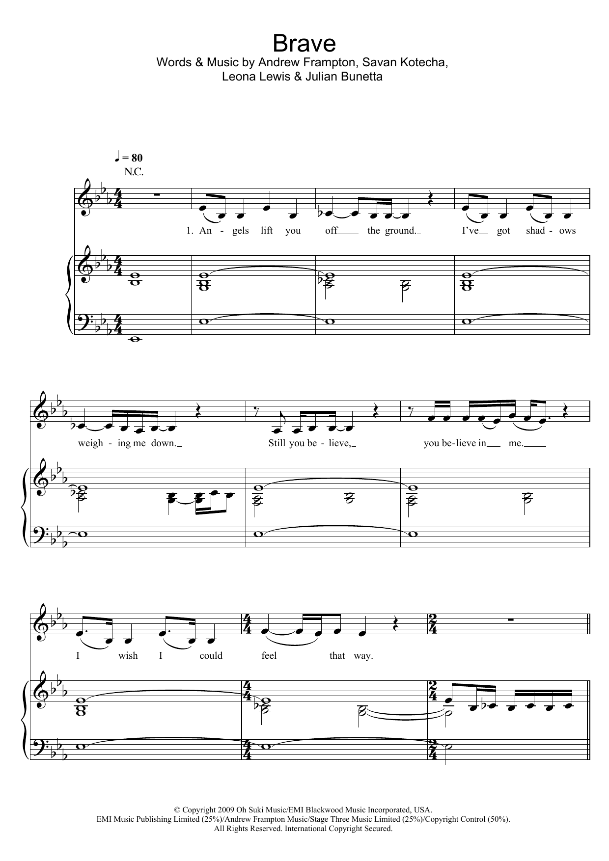 Leona Lewis Brave sheet music notes and chords arranged for Piano, Vocal & Guitar Chords
