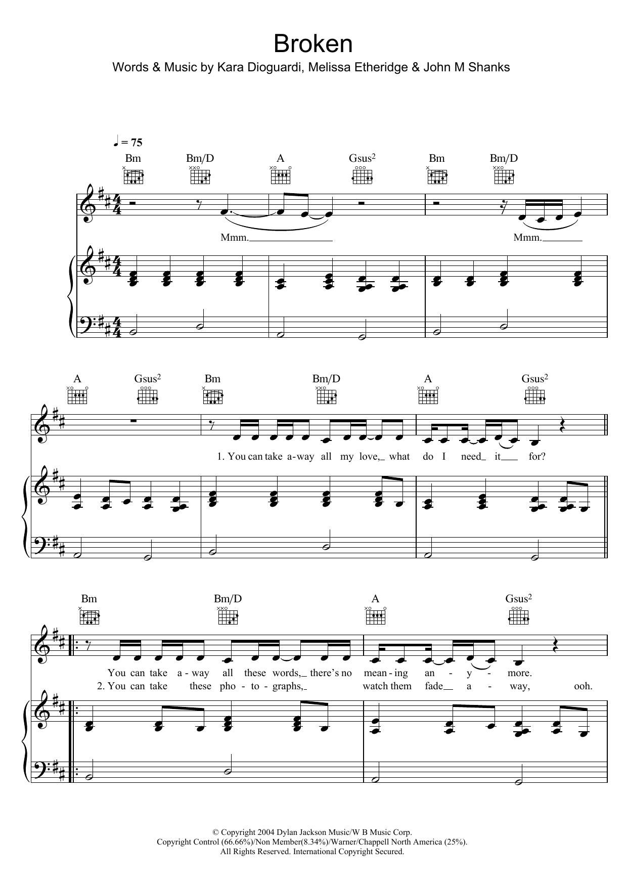 Leona Lewis Broken sheet music notes and chords arranged for Piano, Vocal & Guitar Chords