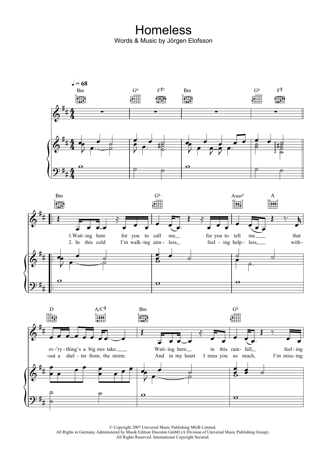 Leona Lewis Homeless sheet music notes and chords arranged for Piano, Vocal & Guitar Chords
