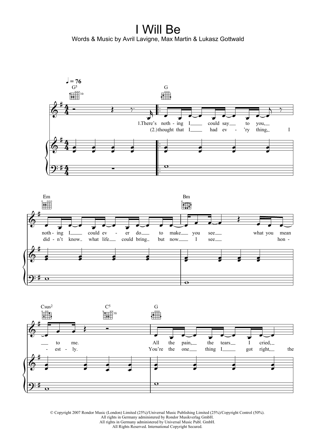 Leona Lewis I Will Be sheet music notes and chords arranged for Piano, Vocal & Guitar Chords (Right-Hand Melody)