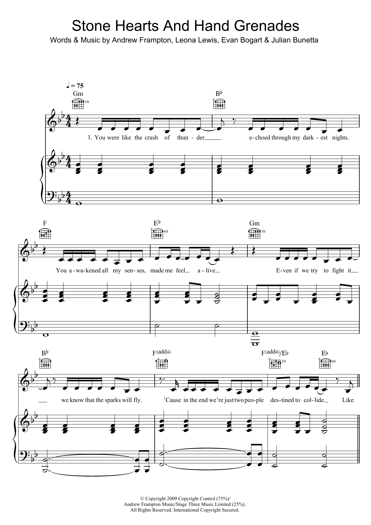 Leona Lewis Stone Hearts And Hand Grenades sheet music notes and chords arranged for Piano, Vocal & Guitar Chords