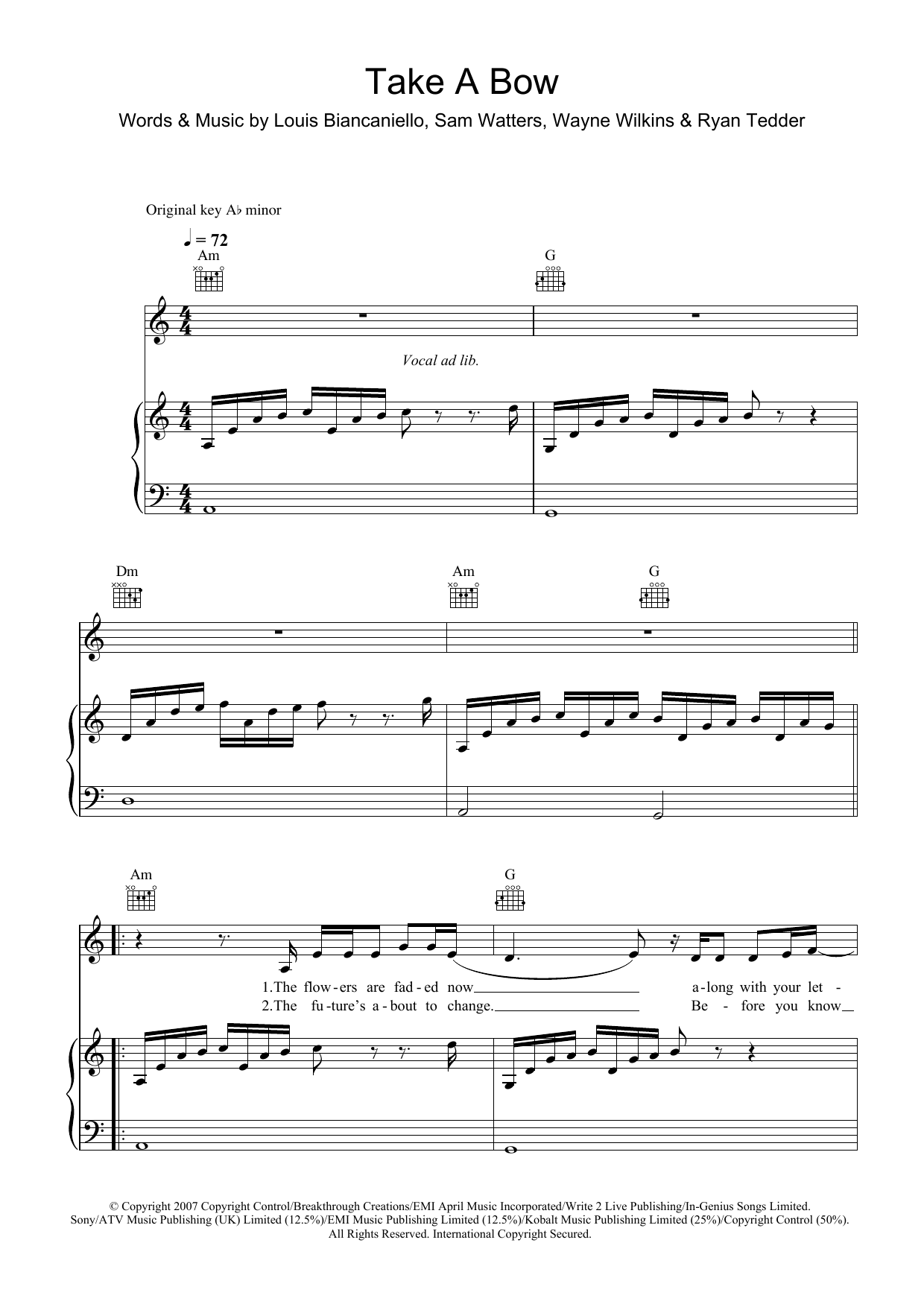 Leona Lewis Take A Bow sheet music notes and chords arranged for Piano, Vocal & Guitar Chords