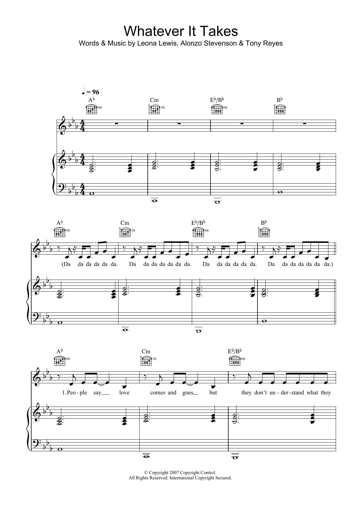 Leona Lewis Whatever It Takes sheet music notes and chords arranged for Piano, Vocal & Guitar Chords