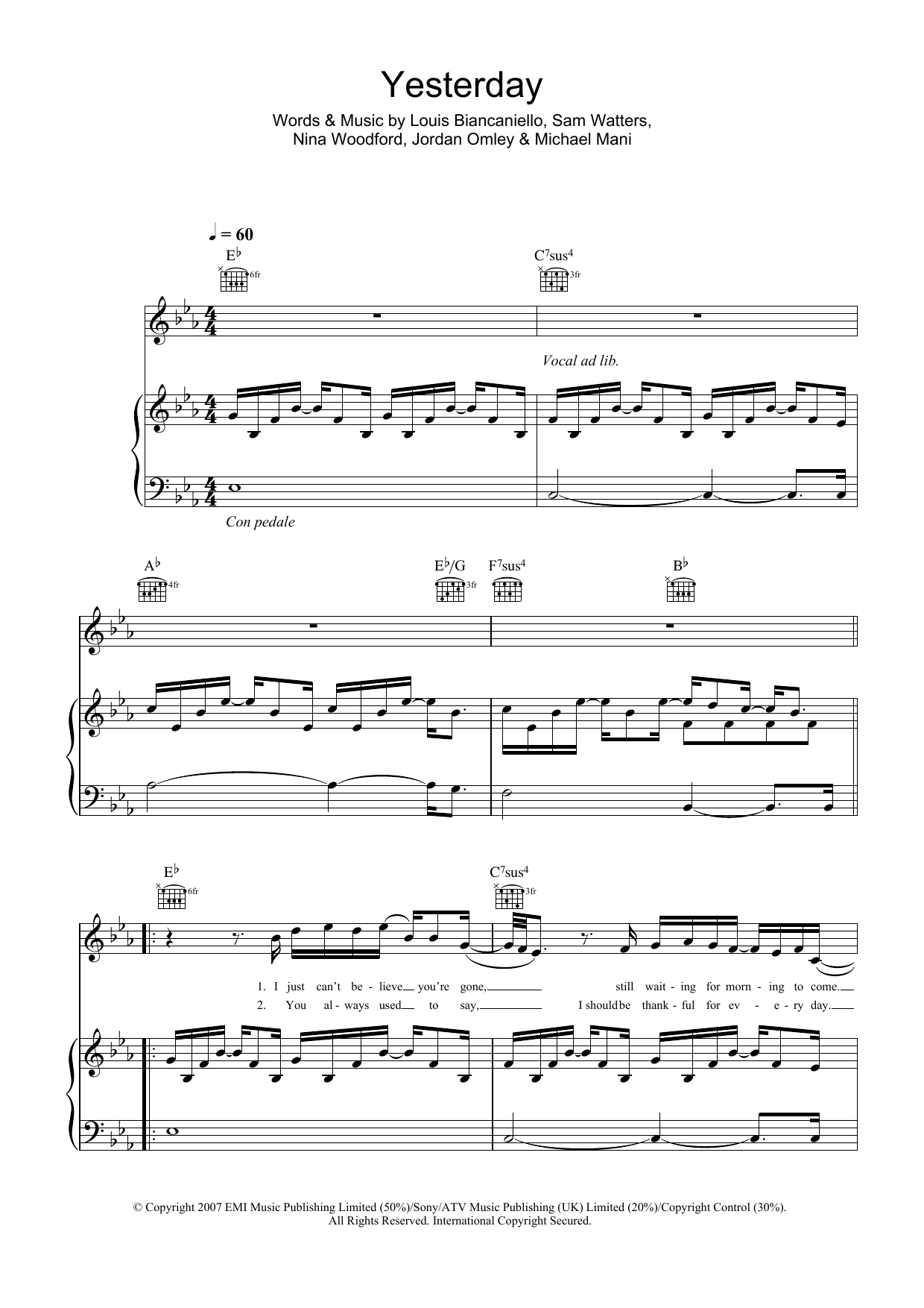 Leona Lewis Yesterday sheet music notes and chords arranged for Piano, Vocal & Guitar Chords