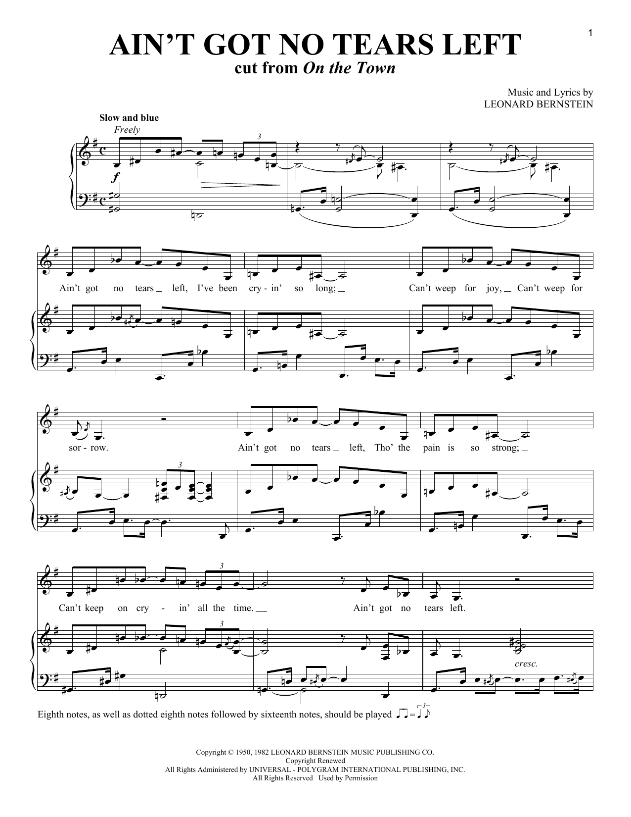 Leonard Bernstein Ain't Got No Tears Left (from On the Town) sheet music notes and chords arranged for Piano & Vocal