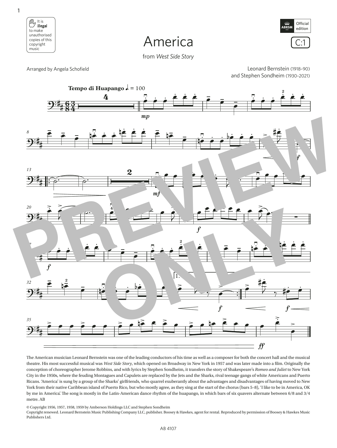 Leonard Bernstein America (Grade 4, C1, from the ABRSM Cello Syllabus from 2024) sheet music notes and chords arranged for Cello Solo