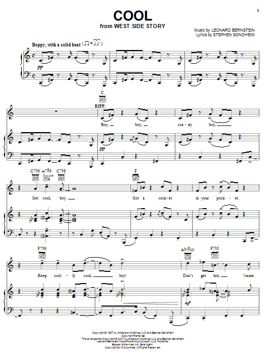 Leonard Bernstein Cool (from West Side Story) sheet music notes and chords arranged for Piano, Vocal & Guitar Chords (Right-Hand Melody)
