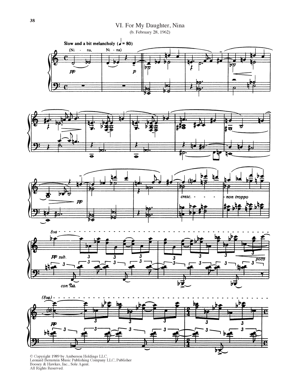 Leonard Bernstein For My Daughter, Nina sheet music notes and chords arranged for Piano Solo