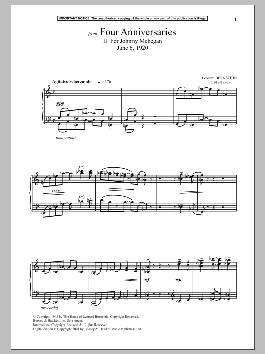 Leonard Bernstein Four Anniversaries, II. For Johnny Mehegan, June 6, 1920 sheet music notes and chords arranged for Piano Solo